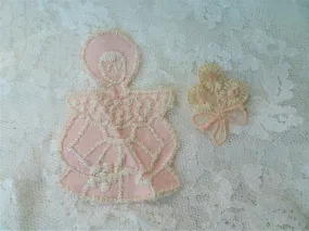 1920s Antique ART DECO Embroidered Cotton Pink Appliques, Vintage Appliques For Hats,Dolls,Childrens Clothing, Heirloom Sewing