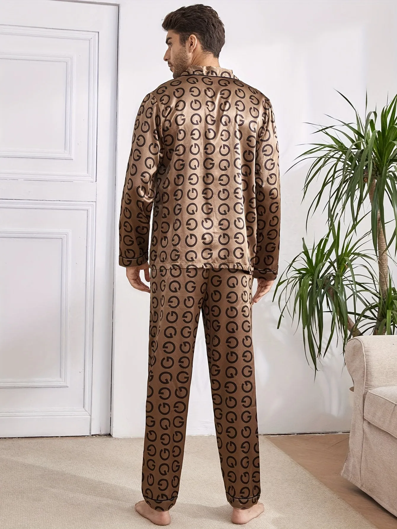 2 Pcs Men's Silky Trendy Geometric Print Open Front Long Sleeve & Trousers Pajama Sets, Comfortable & Skin-friendly Style Pajamas For Men's Cozy Loungewear