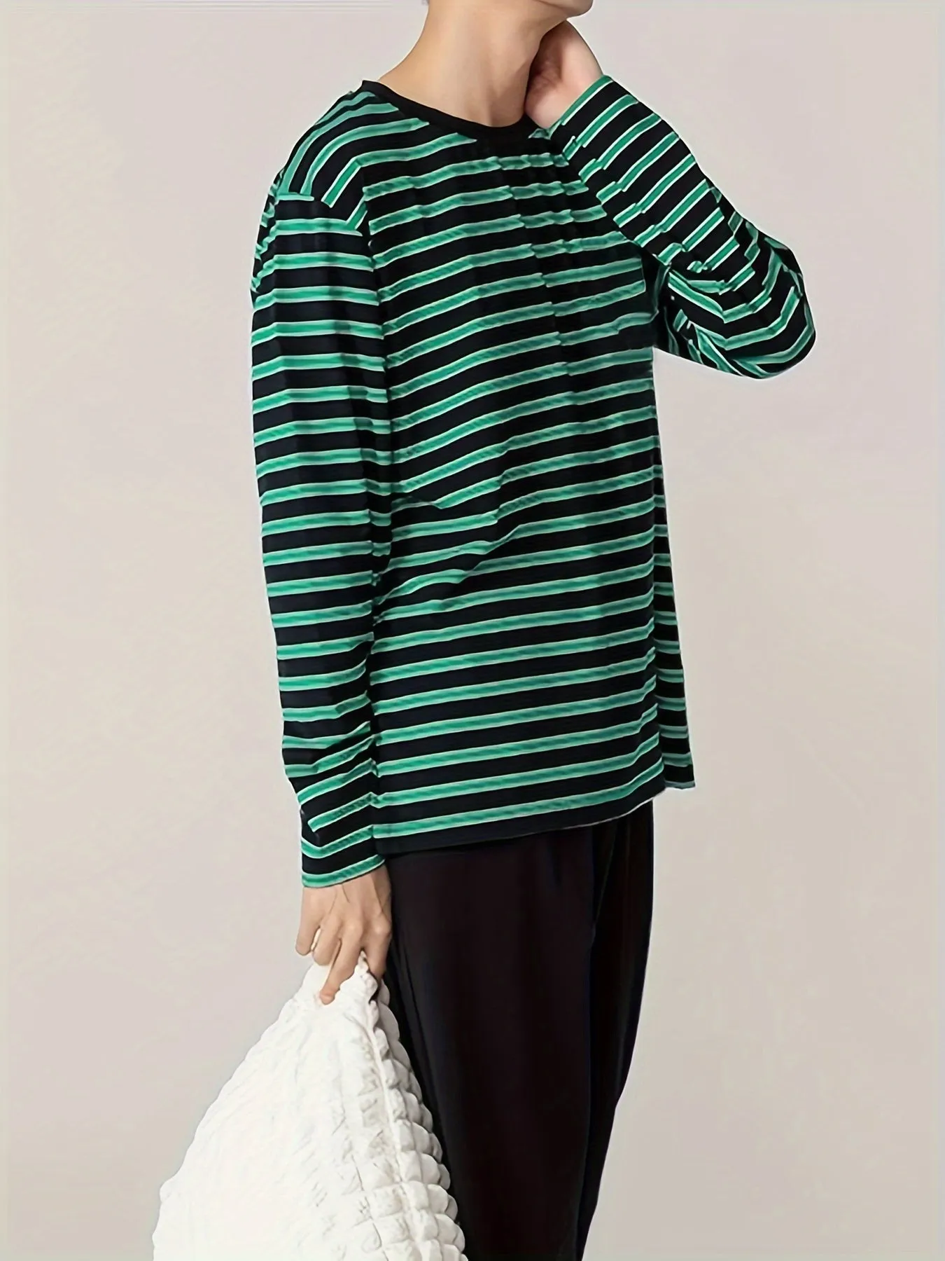2 Pcs Men's Stylish Striped Round Neck Long Sleeve & Trousers Pajama Set, Comfortable & Skin-friendly Style Pajamas For Men's Cozy Loungewear