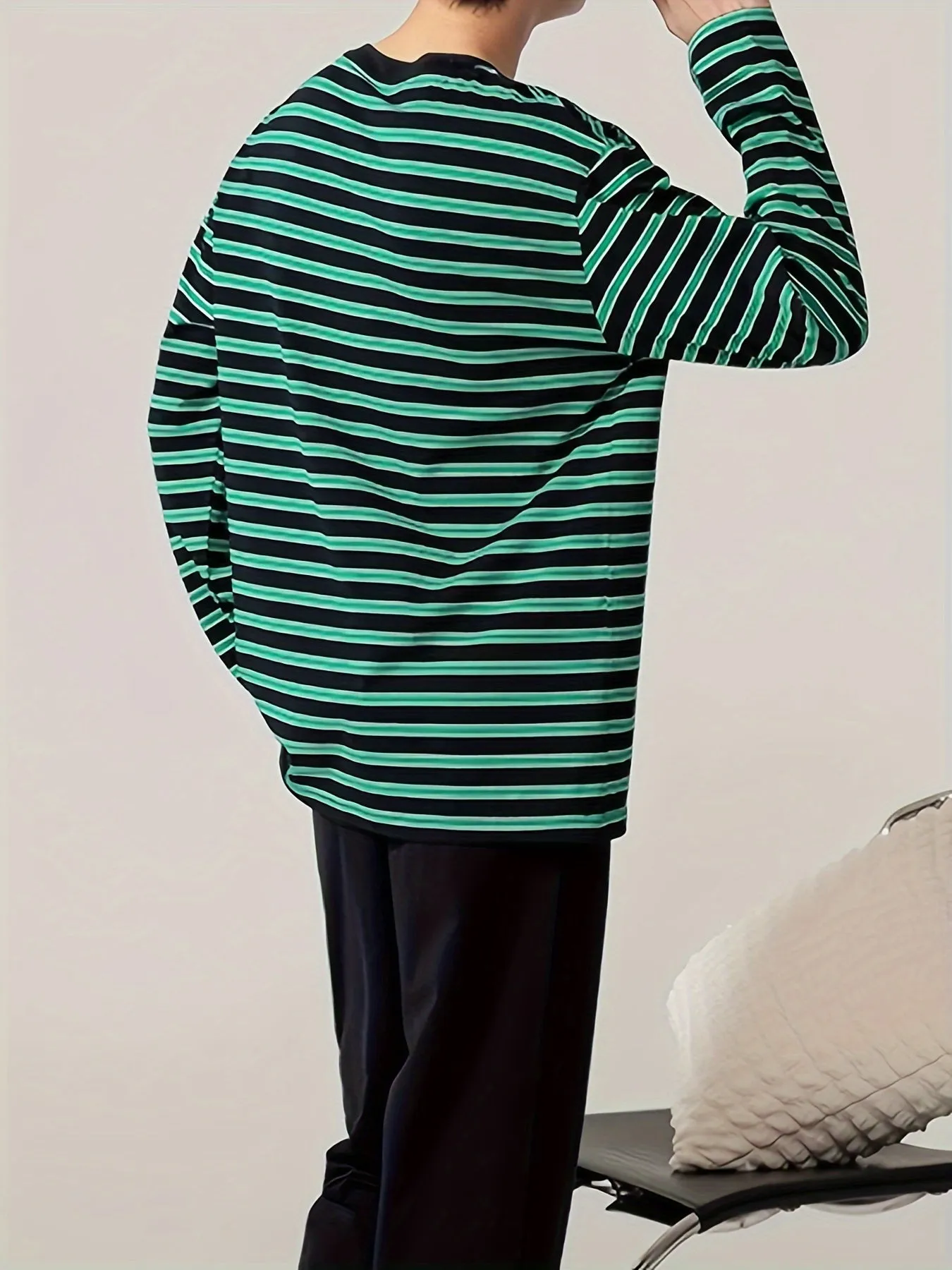 2 Pcs Men's Stylish Striped Round Neck Long Sleeve & Trousers Pajama Set, Comfortable & Skin-friendly Style Pajamas For Men's Cozy Loungewear