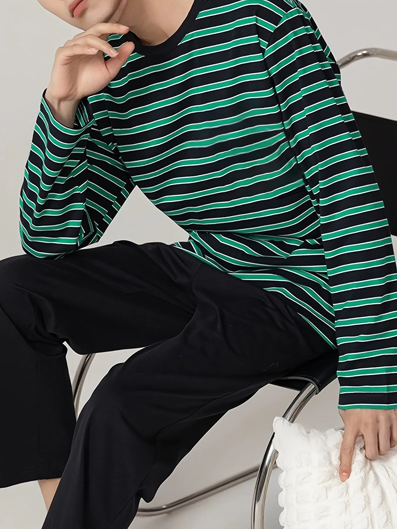 2 Pcs Men's Stylish Striped Round Neck Long Sleeve & Trousers Pajama Set, Comfortable & Skin-friendly Style Pajamas For Men's Cozy Loungewear