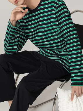 2 Pcs Men's Stylish Striped Round Neck Long Sleeve & Trousers Pajama Set, Comfortable & Skin-friendly Style Pajamas For Men's Cozy Loungewear