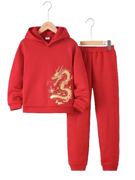 7-15Y Kid Boys 2Pcs's Happy New Year Outfits Casual Hoodies Long Sleeve Pullover Sweatshirt & Pants Joggers Clothing Set Red  Catpapa 462311023