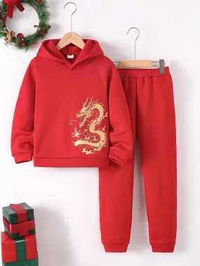 7-15Y Kid Boys 2Pcs's Happy New Year Outfits Casual Hoodies Long Sleeve Pullover Sweatshirt & Pants Joggers Clothing Set Red  Catpapa 462311023