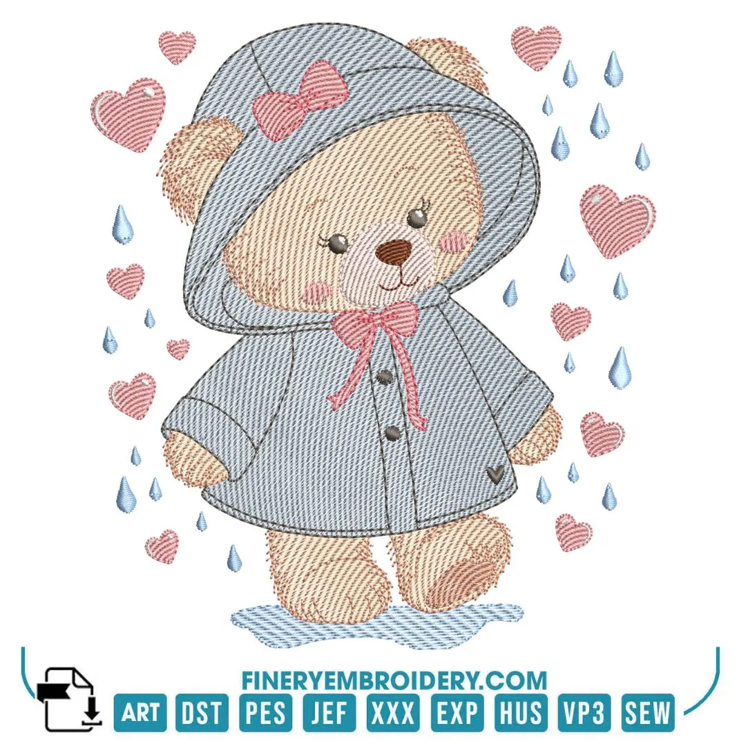Adorable Teddy Bear in Rain Embroidery Design