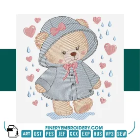 Adorable Teddy Bear in Rain Embroidery Design