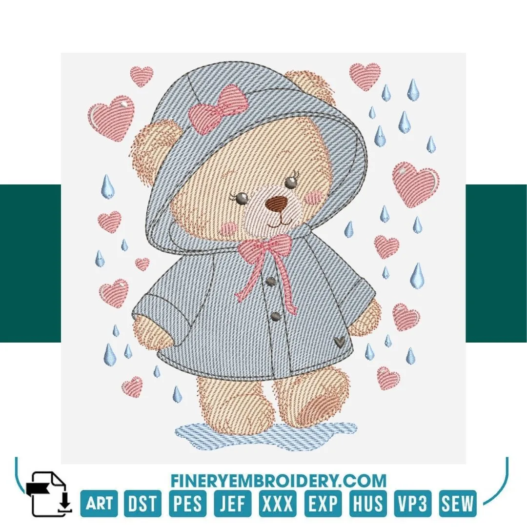 Adorable Teddy Bear in Rain Embroidery Design