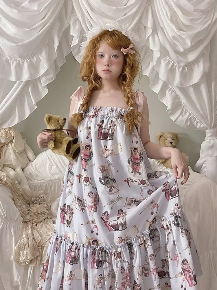 Angel Print Flounce Hem Pajama Dress