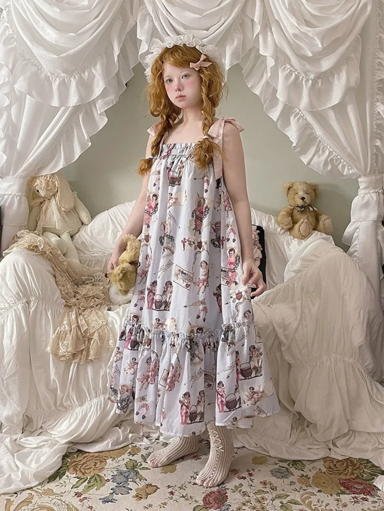 Angel Print Flounce Hem Pajama Dress