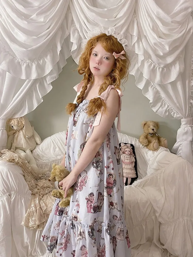 Angel Print Flounce Hem Pajama Dress