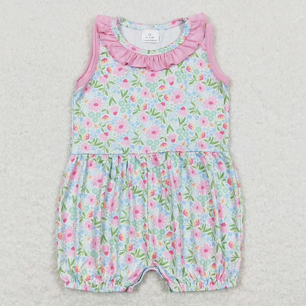 Baby Girls Romper Pink Flowers Ruffle Sleeveless Rompers SR1262
