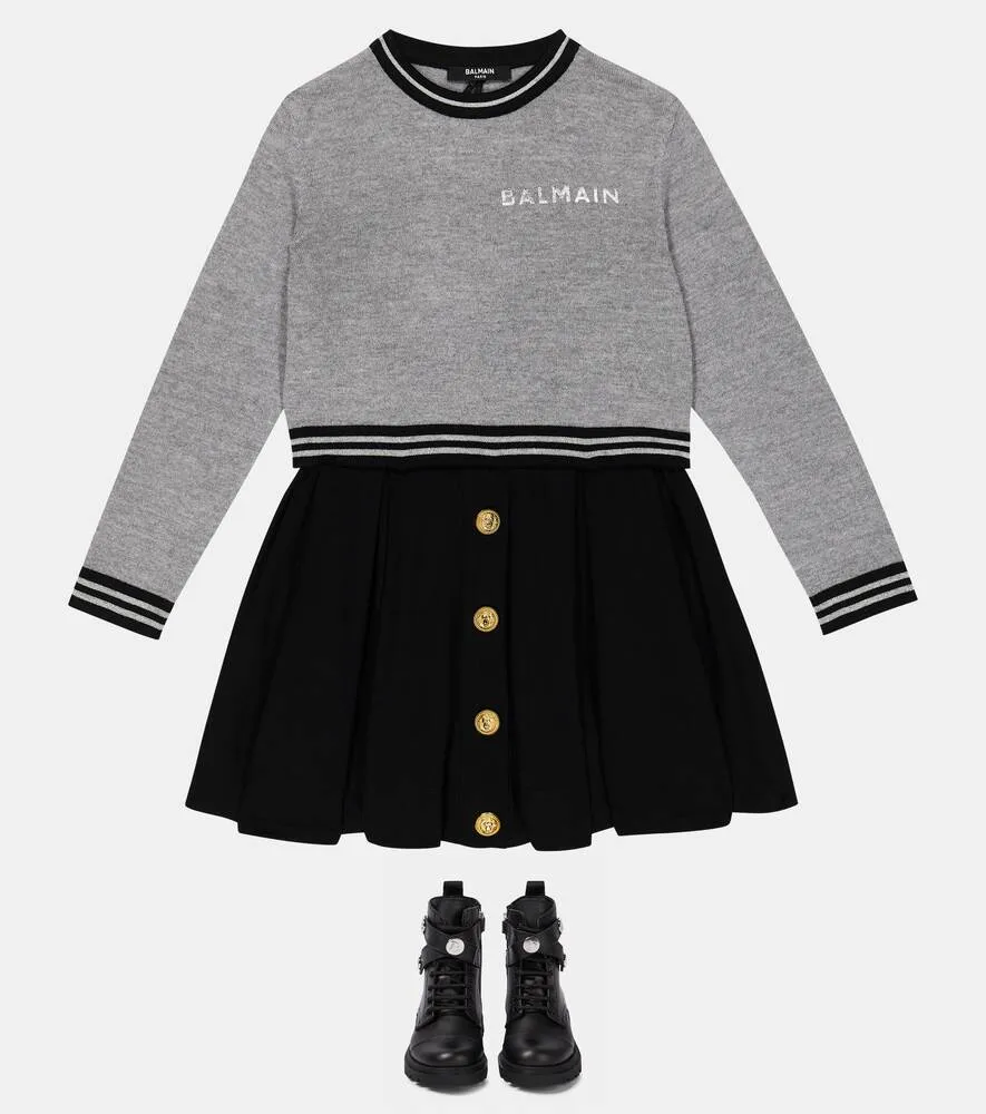 Balmain Logo Knitted Wool Sweater, Gray