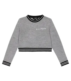 Balmain Logo Knitted Wool Sweater, Gray
