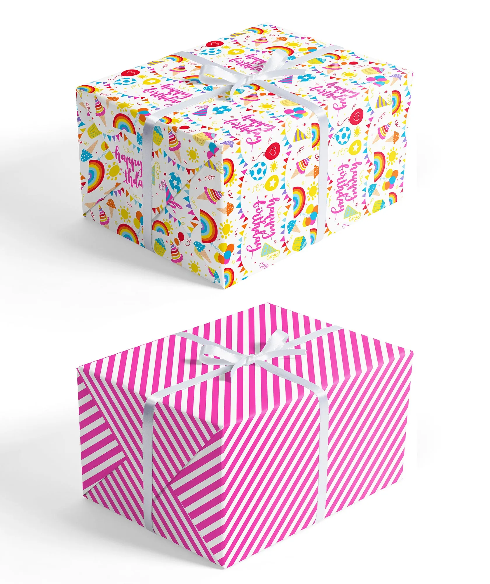 Birthday Party Wrapping Paper with Hot Pink Stripe on Reverse