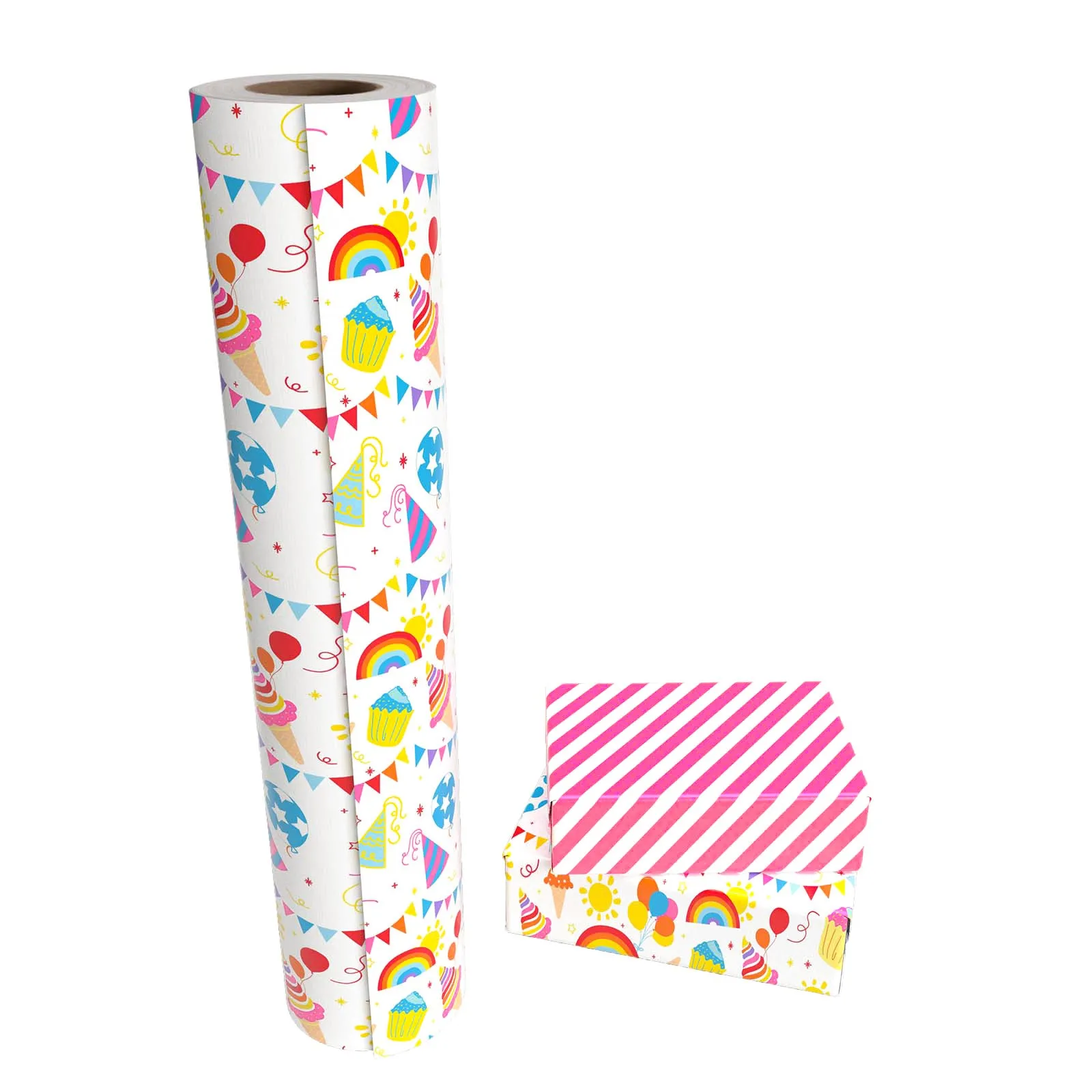 Birthday Party Wrapping Paper with Hot Pink Stripe on Reverse