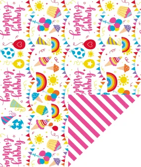 Birthday Party Wrapping Paper with Hot Pink Stripe on Reverse