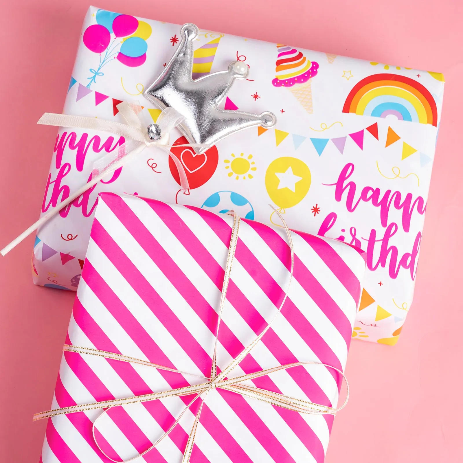 Birthday Party Wrapping Paper with Hot Pink Stripe on Reverse