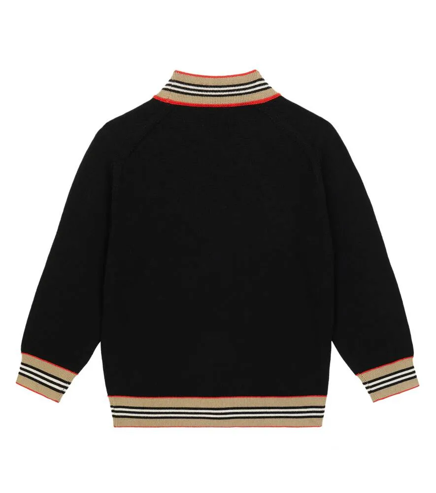 Burberry Icon Stripe Wool Cardigan, Black