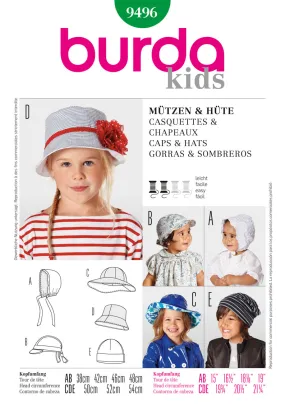 Burda 9496 Children's Caps and Hats Pattern