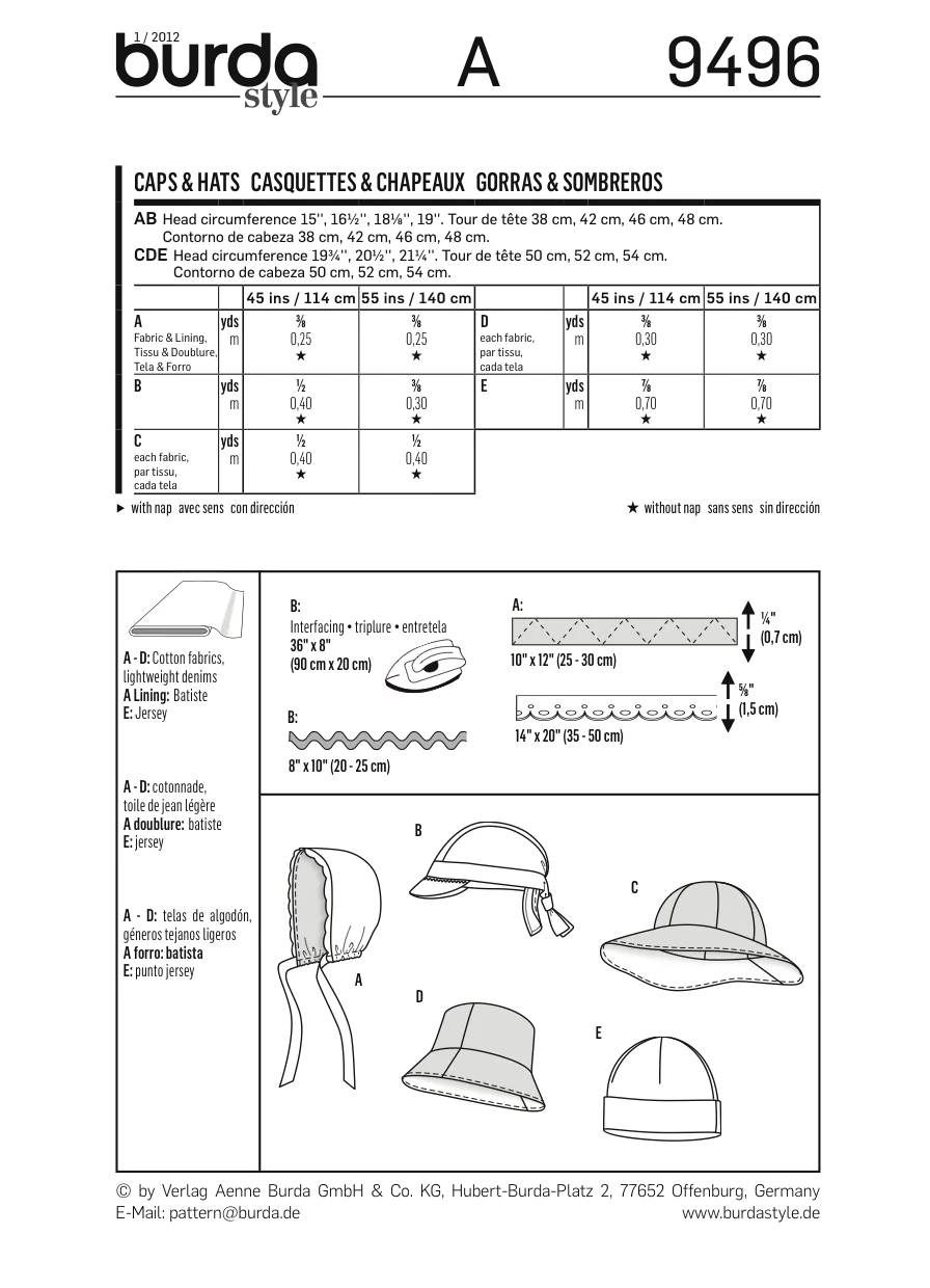 Burda 9496 Children's Caps and Hats Pattern