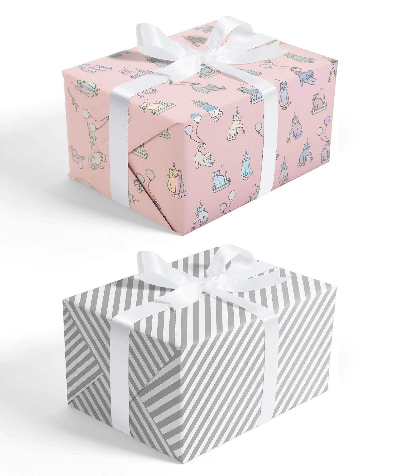 Cat Birthday Pink Wrapping Paper wtih Gray Stripe on Reverse