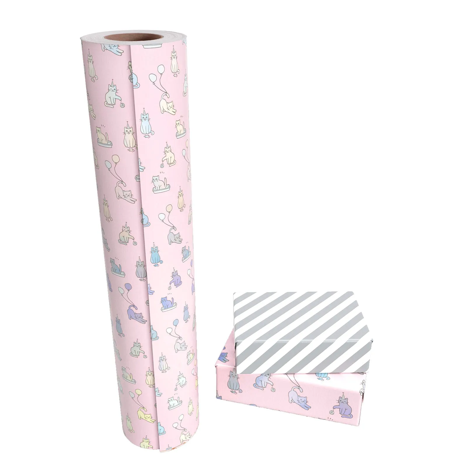 Cat Birthday Pink Wrapping Paper wtih Gray Stripe on Reverse