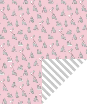 Cat Birthday Pink Wrapping Paper wtih Gray Stripe on Reverse