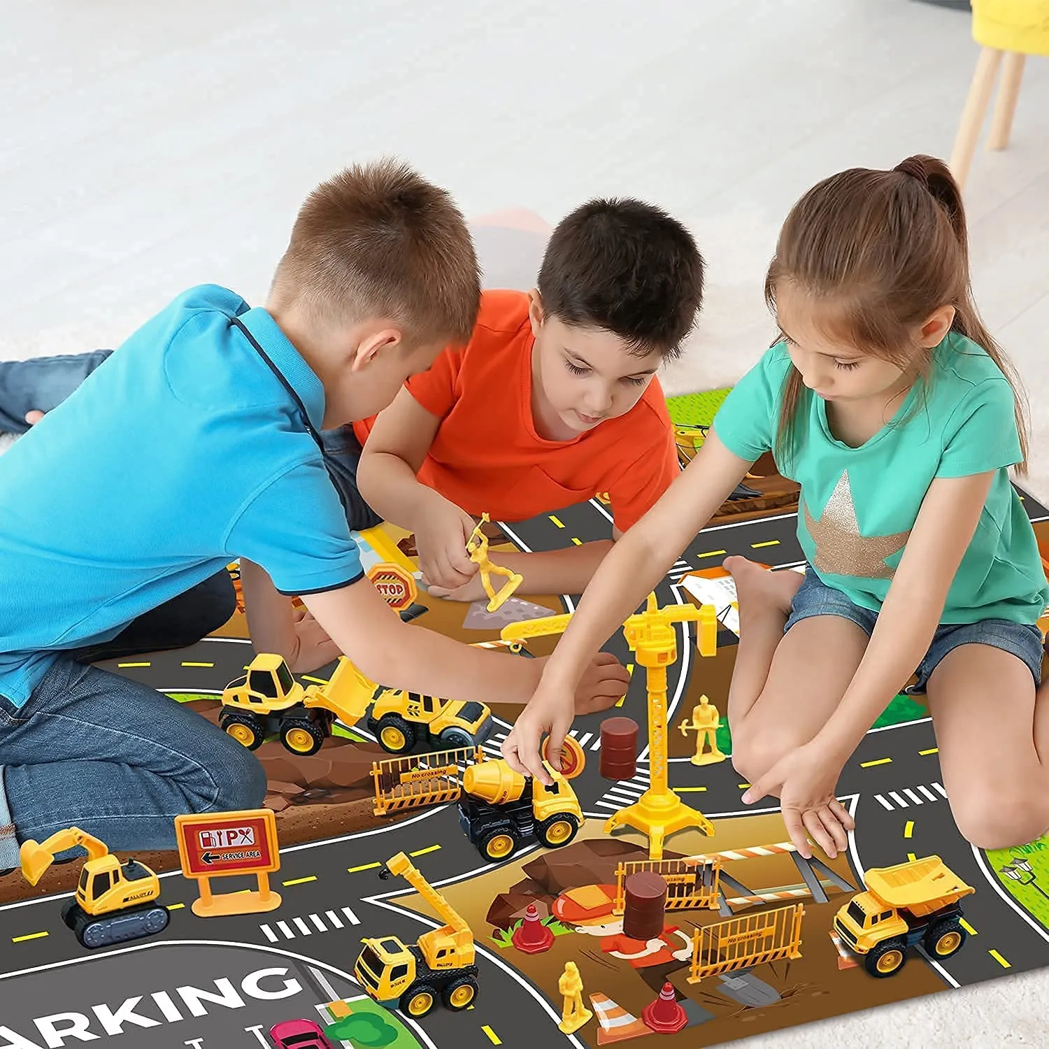 Construction Vehicles Truck Sandbox Toy Set with Play Car Mat