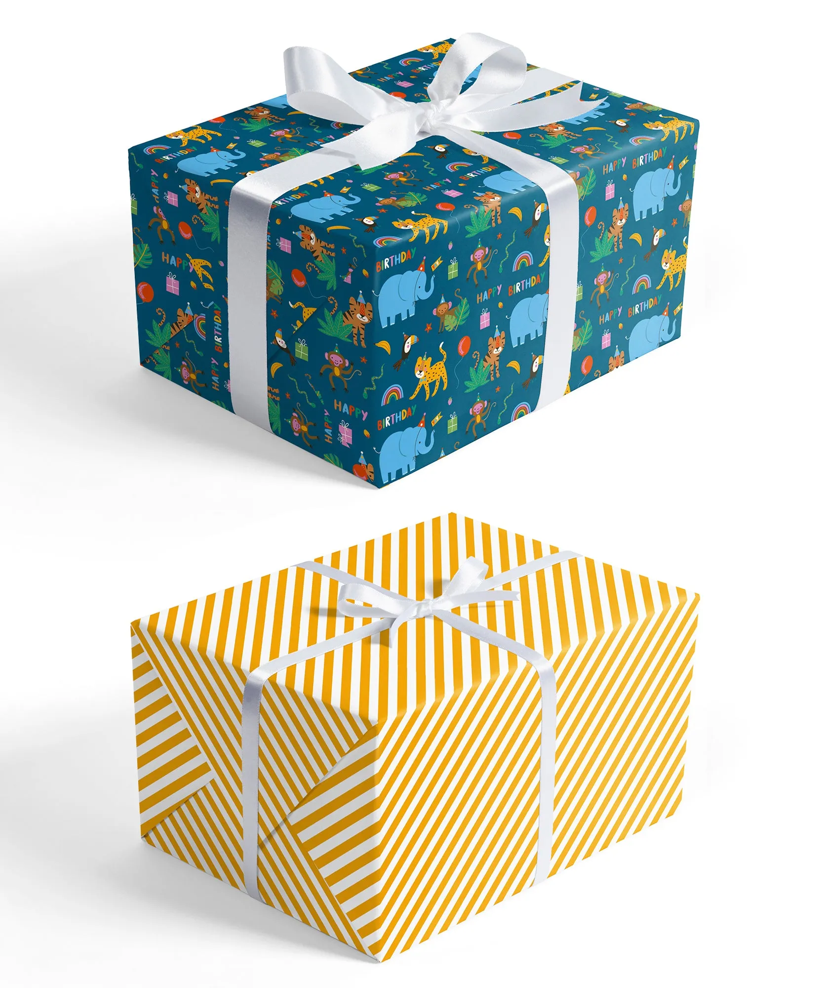Elephant Lion Monkey Kids' Birthday Wrapping Paper wtih Yellow Stripe on Reverse