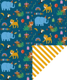 Elephant Lion Monkey Kids' Birthday Wrapping Paper wtih Yellow Stripe on Reverse