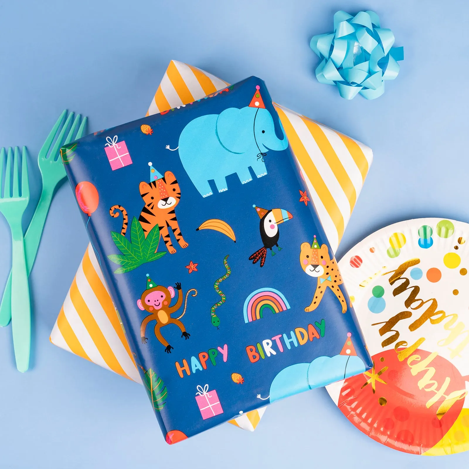 Elephant Lion Monkey Kids' Birthday Wrapping Paper wtih Yellow Stripe on Reverse