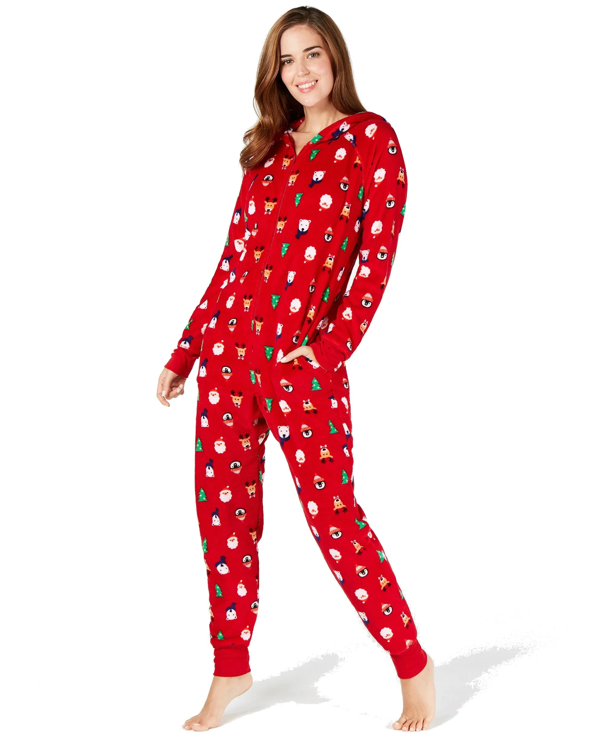 Family PJs Women's Santa and Friends Hooded Fleece Pajamas, Santa/Red, M