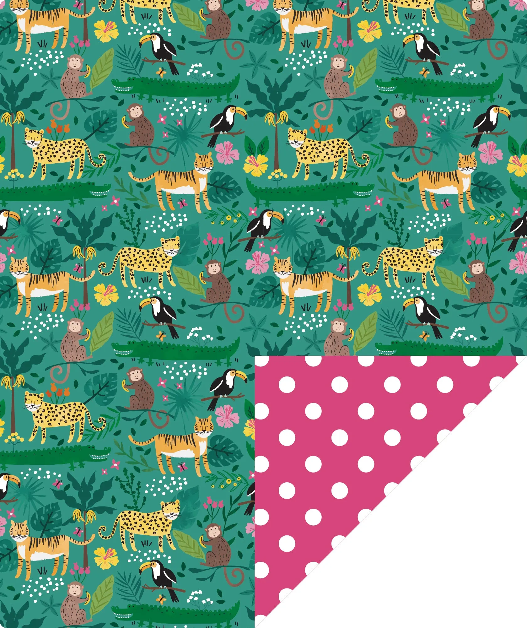 Jungle Kids' Birthday Wrapping Paper with Hot Pink Polka Dot on Reverse