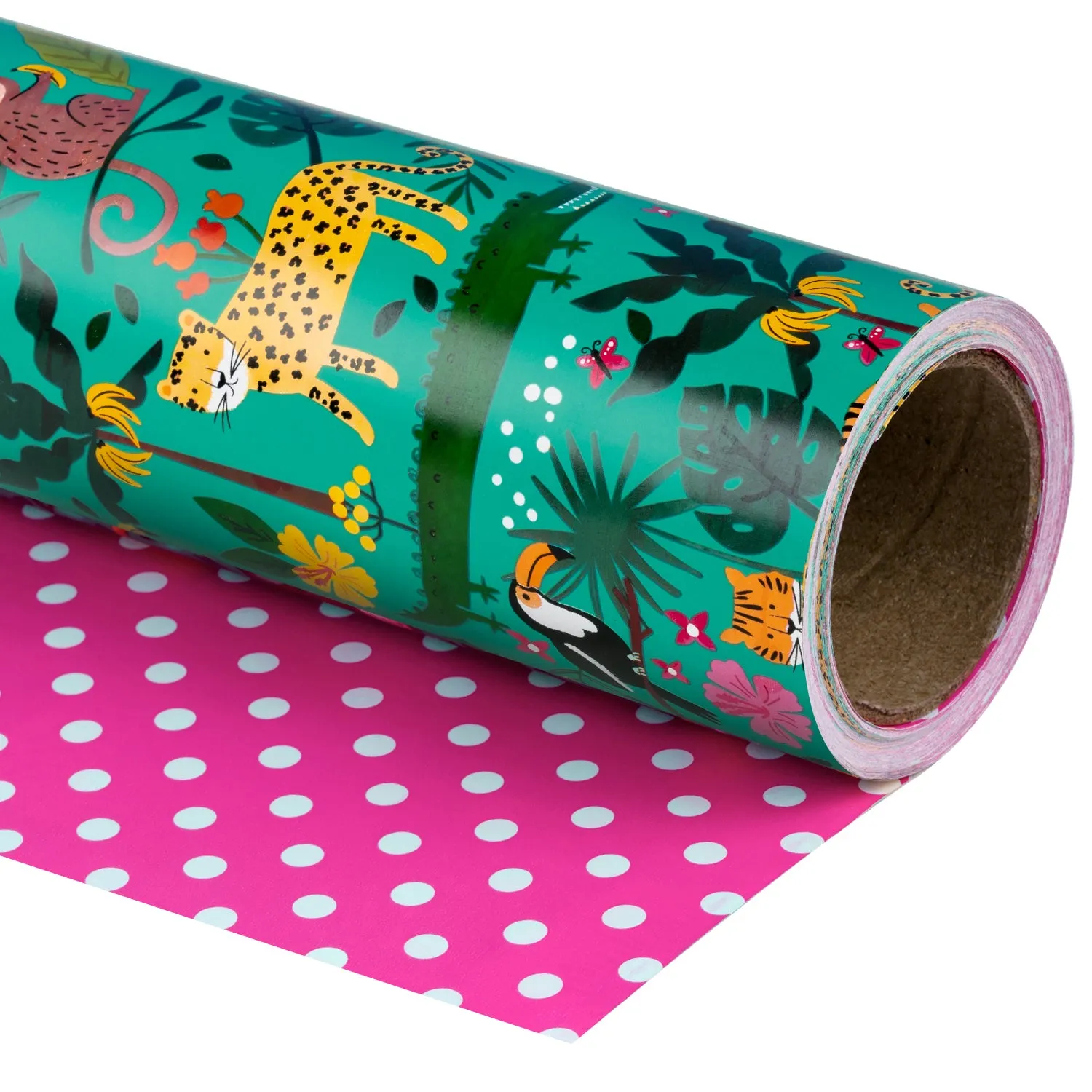 Jungle Kids' Birthday Wrapping Paper with Hot Pink Polka Dot on Reverse