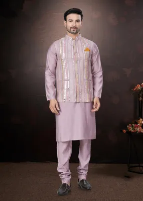 Lavender Pure Silk Mirror Work Jacket Kurta Pajama Set