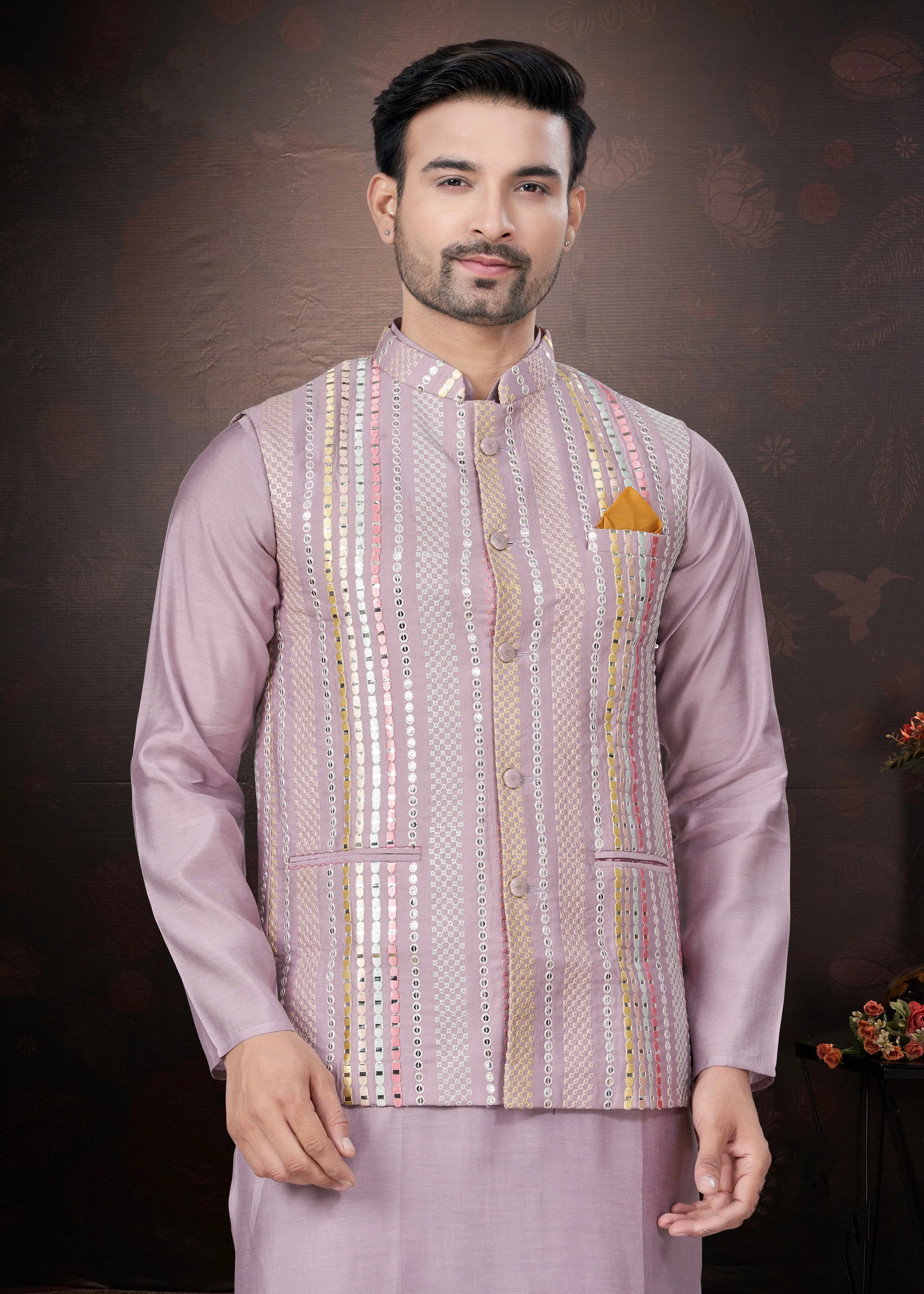 Lavender Pure Silk Mirror Work Jacket Kurta Pajama Set