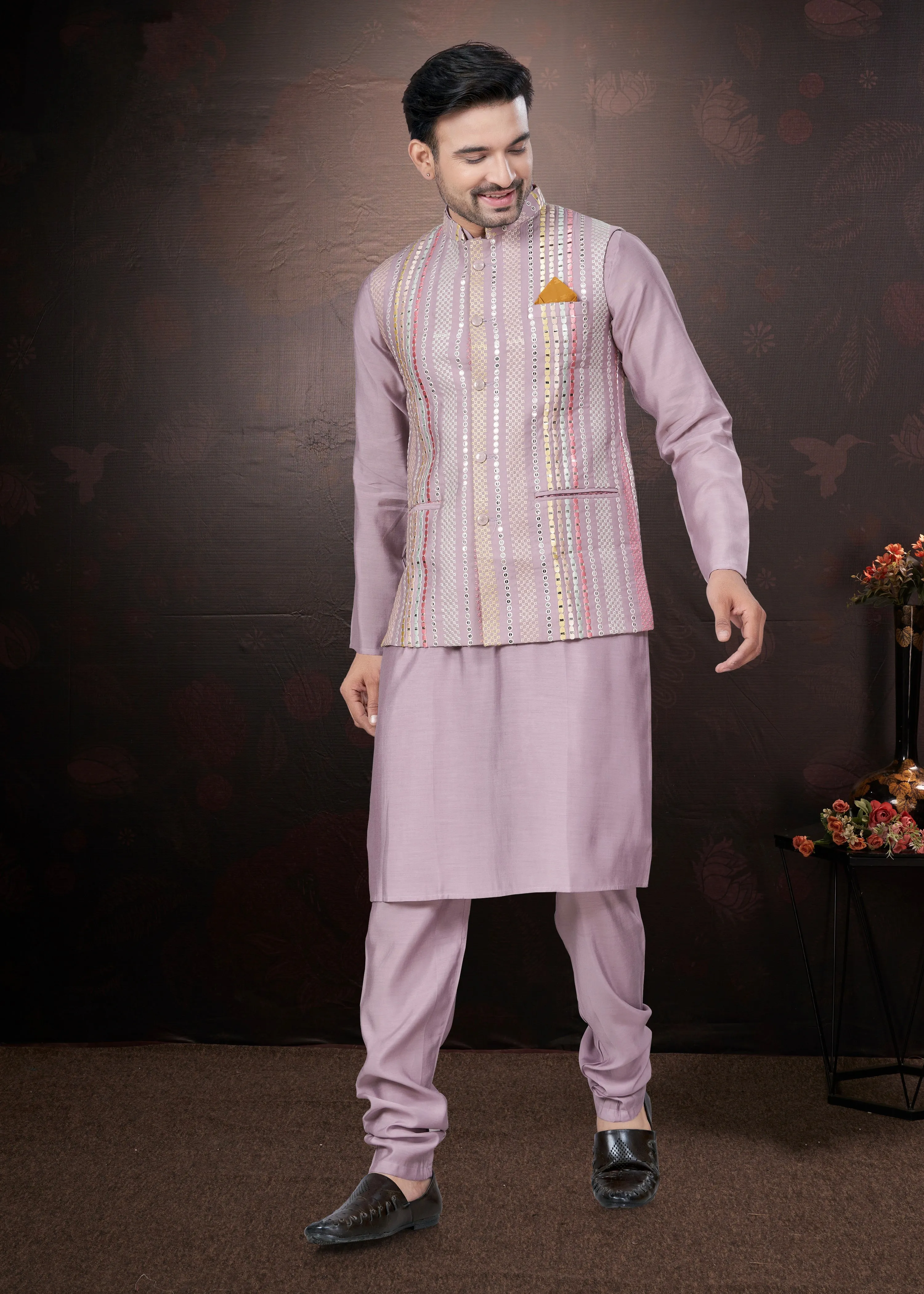 Lavender Pure Silk Mirror Work Jacket Kurta Pajama Set