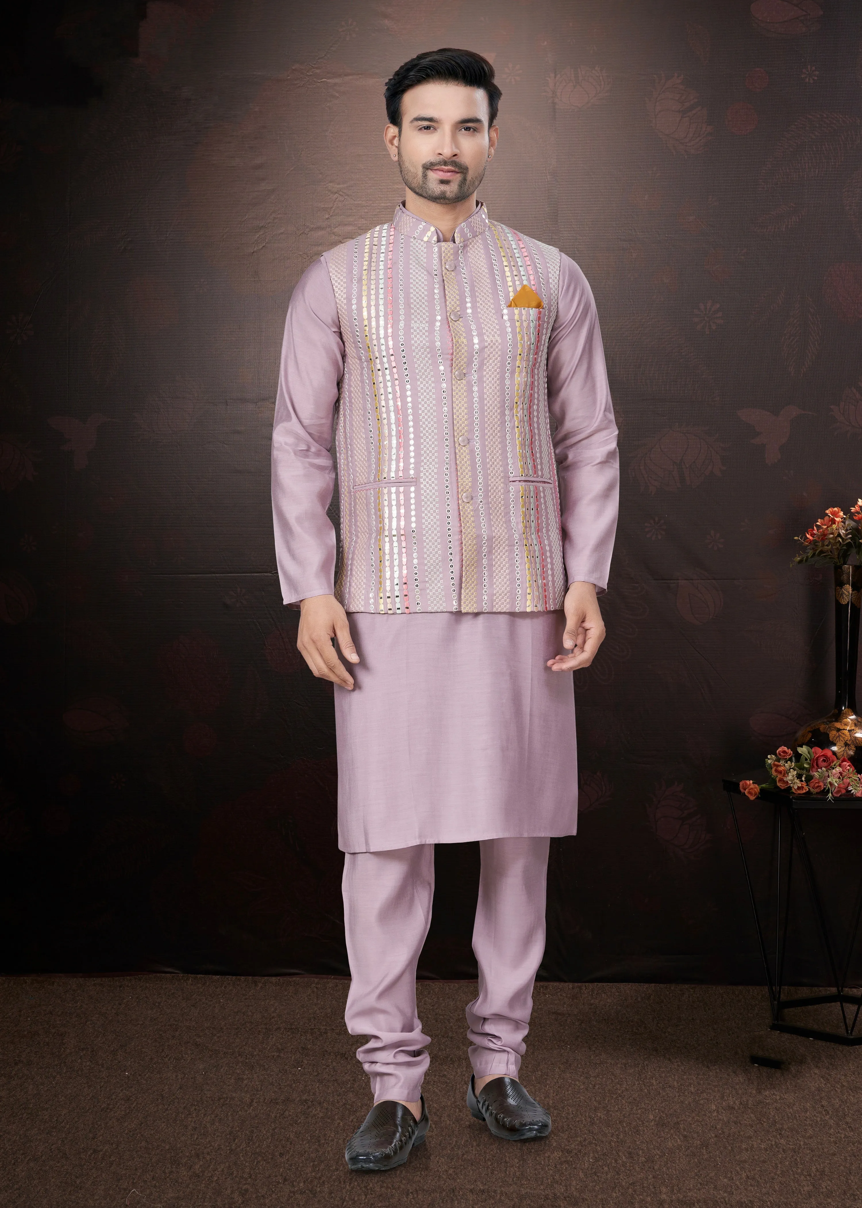 Lavender Pure Silk Mirror Work Jacket Kurta Pajama Set
