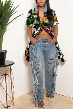 Medium light Dirty Levi Denim fringe jeans- MTO