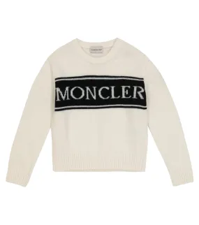 Moncler Enfant Logo Intarsia Knitted Wool Sweater, Black