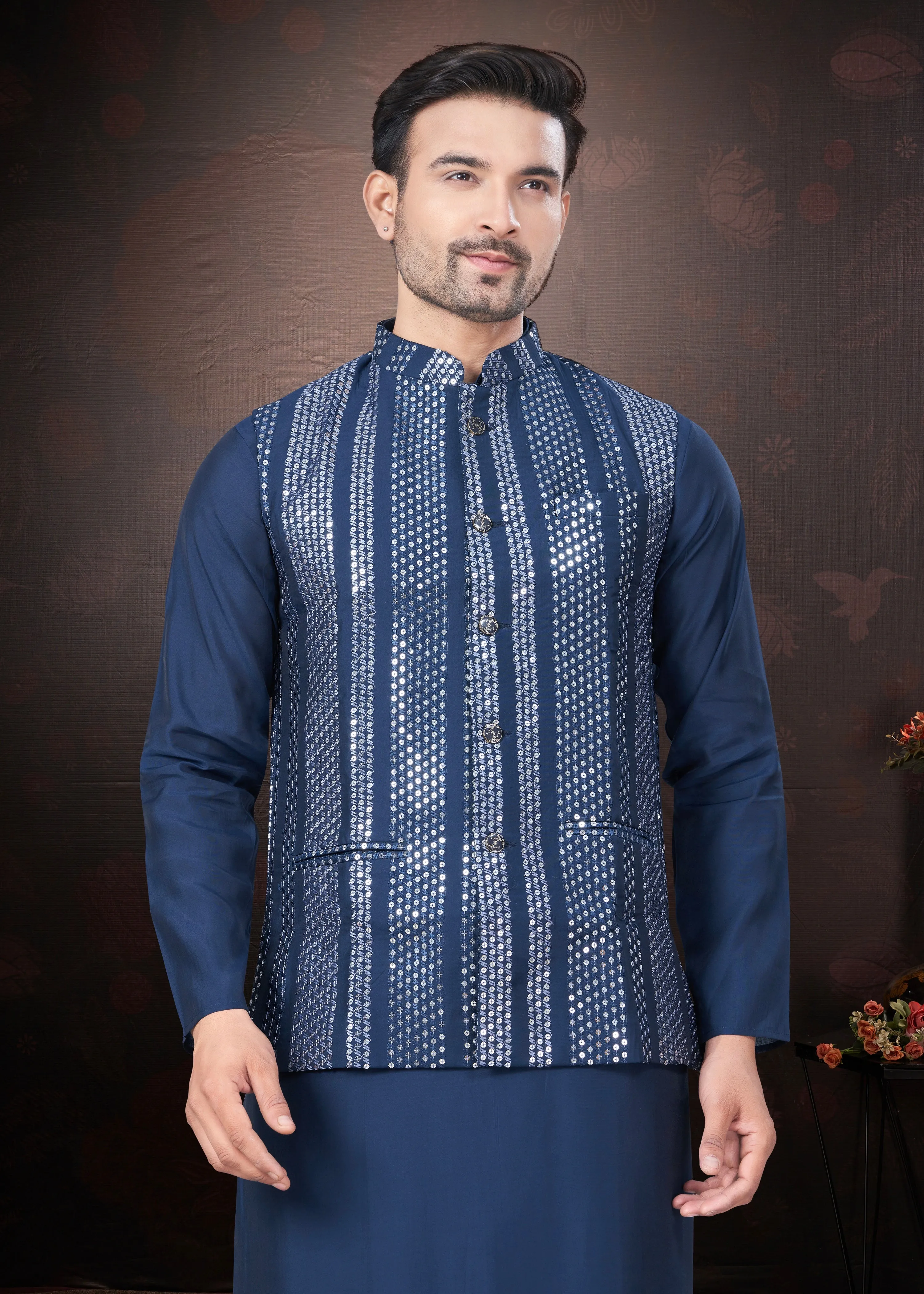 Navy Blue Pure Silk Mirror Work Jacket Kurta Pajama Set