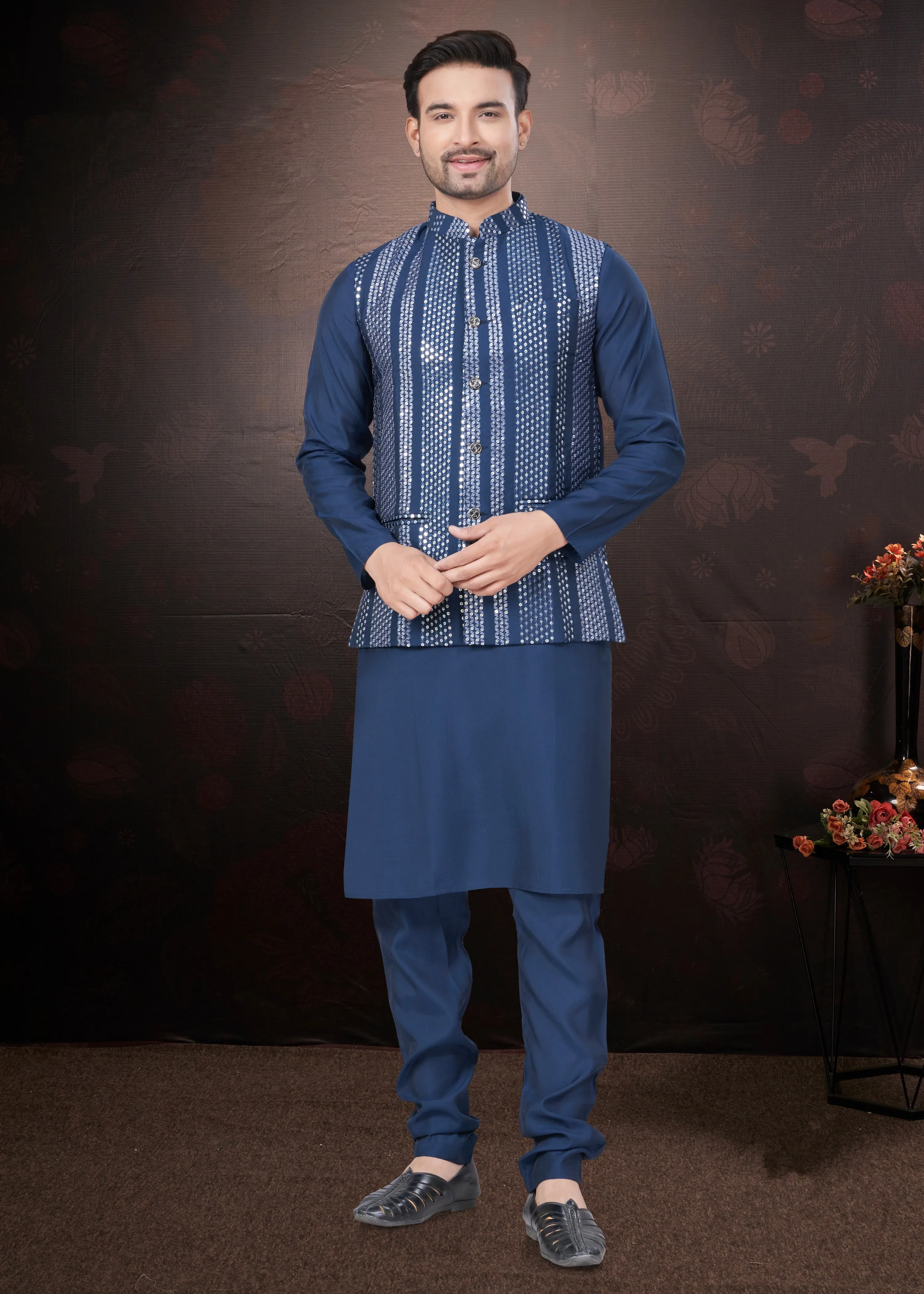 Navy Blue Pure Silk Mirror Work Jacket Kurta Pajama Set