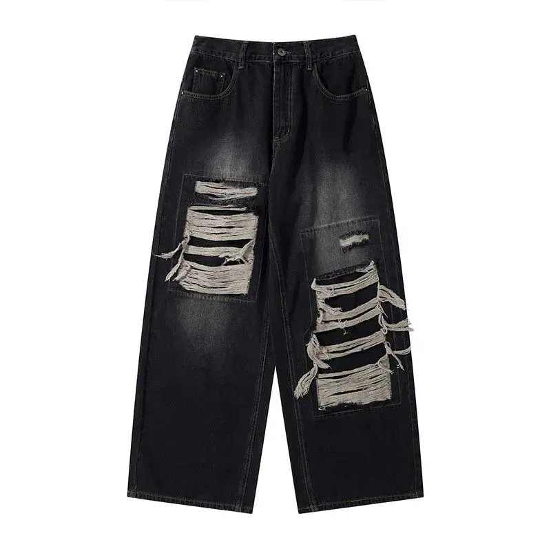 Patch Damaged Design Sense Niche Jeans - Streetwear Ripped Y2k Wide Leg Pants