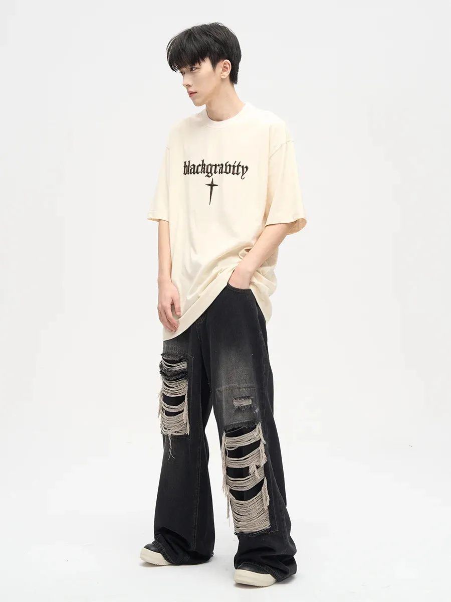 Patch Damaged Design Sense Niche Jeans - Streetwear Ripped Y2k Wide Leg Pants