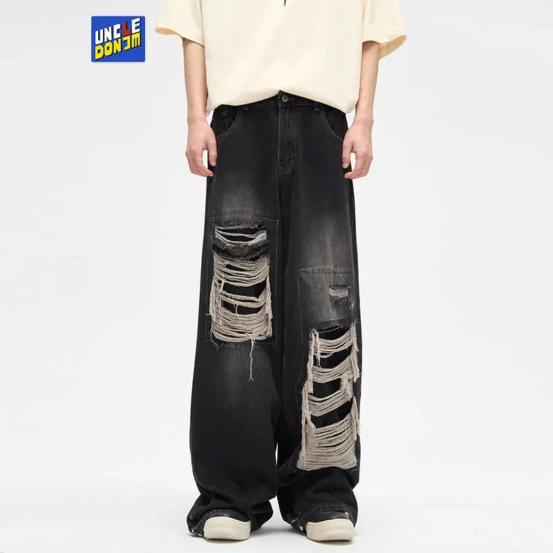 Patch Damaged Design Sense Niche Jeans - Streetwear Ripped Y2k Wide Leg Pants