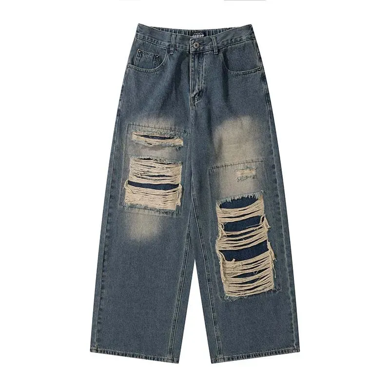 Patch Damaged Design Sense Niche Jeans - Streetwear Ripped Y2k Wide Leg Pants