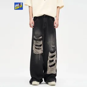 Patch Damaged Design Sense Niche Jeans - Streetwear Ripped Y2k Wide Leg Pants