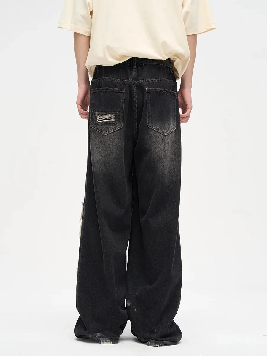 Patch Damaged Design Sense Niche Jeans - Streetwear Ripped Y2k Wide Leg Pants