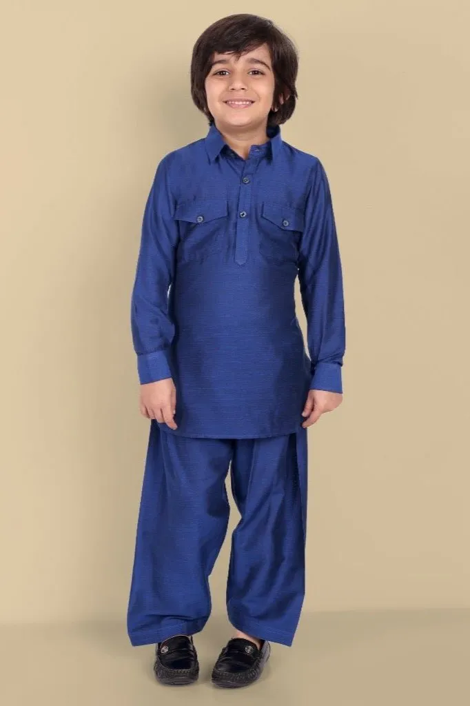 Textured Cotton Silk Ink Blue Pathani - Set of 2