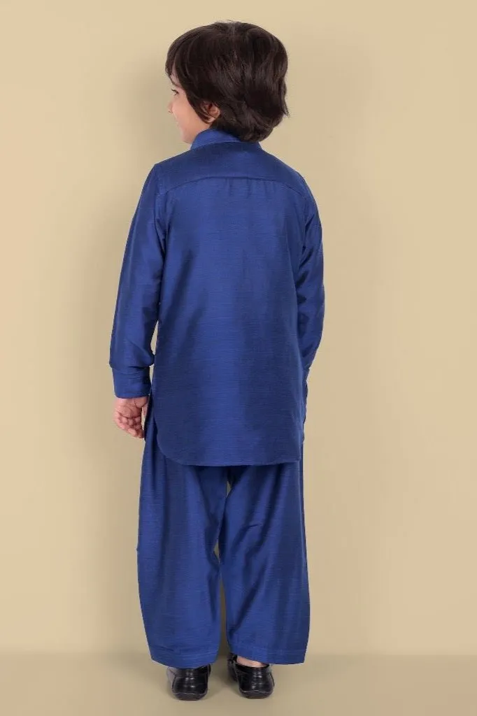Textured Cotton Silk Ink Blue Pathani - Set of 2